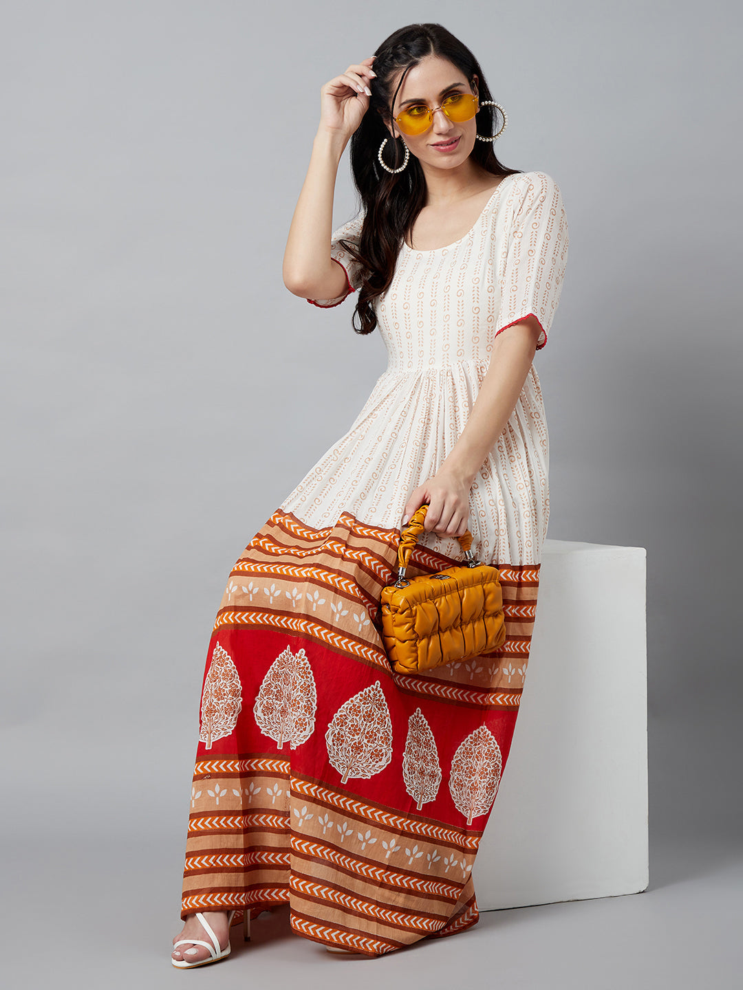 Women's White Printed Gathered Maxi Dress