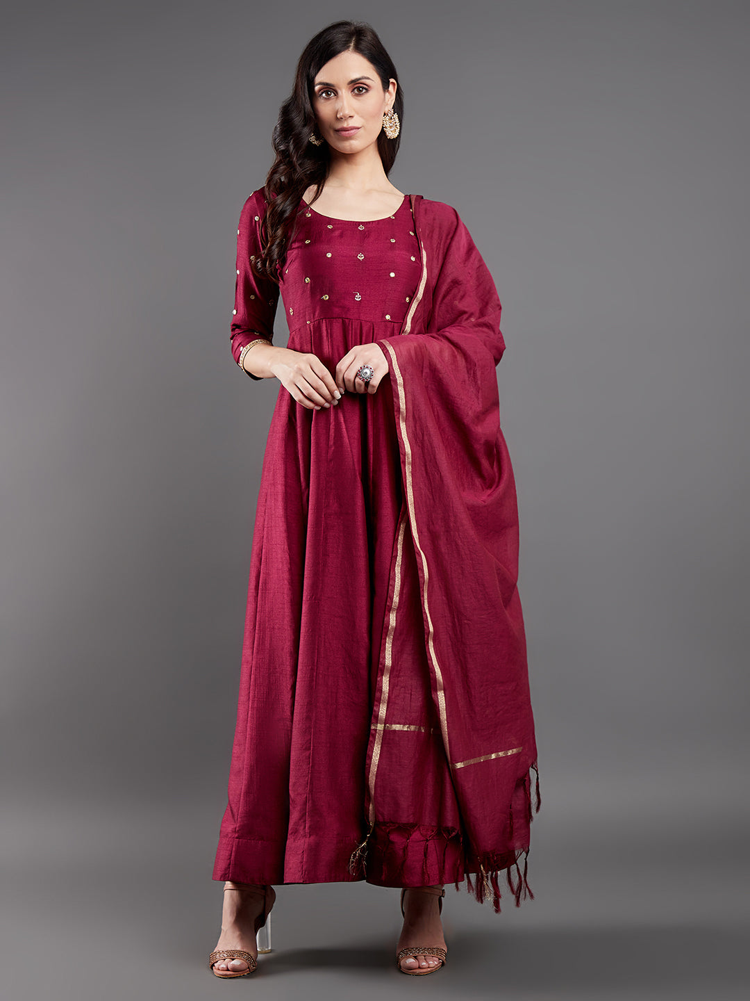 Women's Burgundy Embroidered Maxi Dress With Dupatta