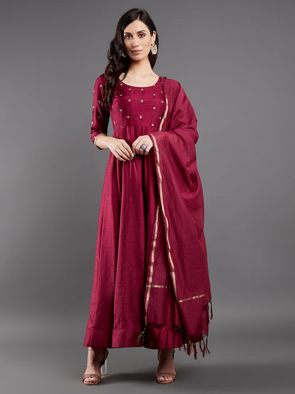 Women's Burgundy Embroidered Maxi Dress With Dupatta