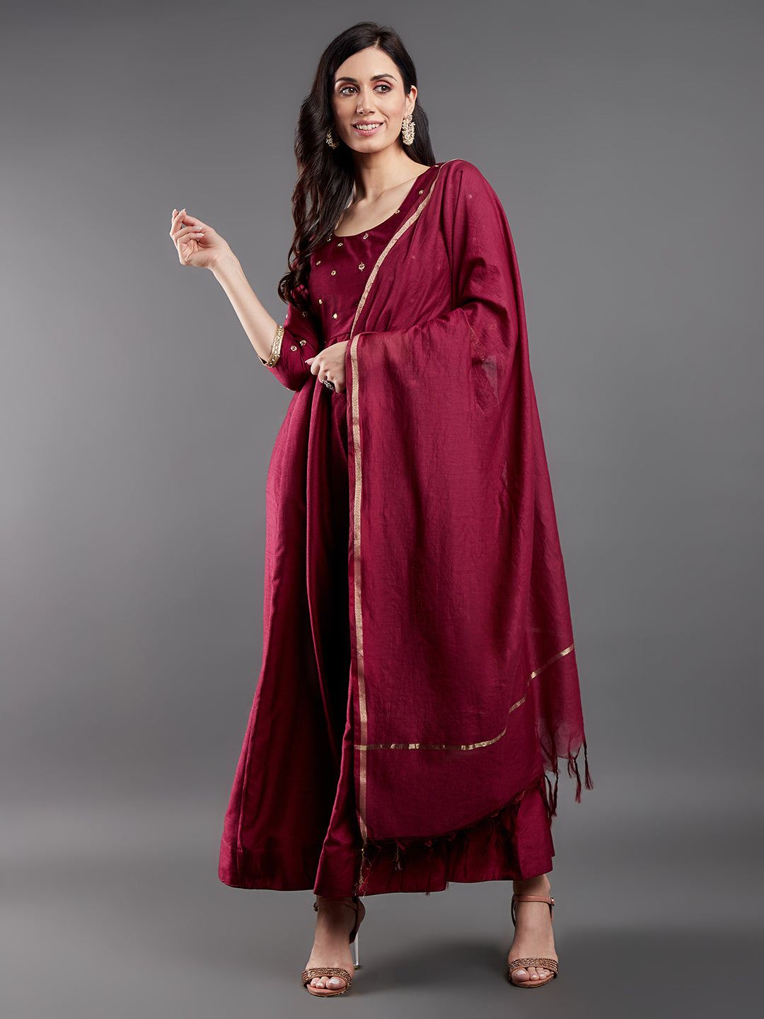 Women's Burgundy Embroidered Maxi Dress With Dupatta