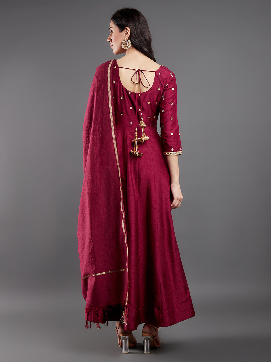 Women's Burgundy Embroidered Maxi Dress With Dupatta