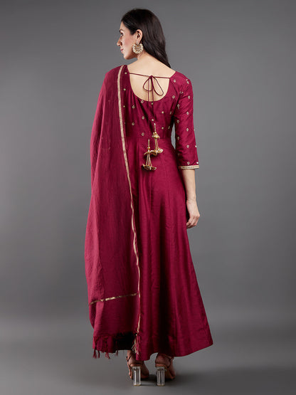 Women's Burgundy Embroidered Maxi Dress With Dupatta
