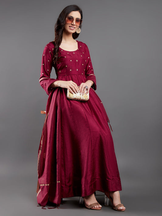 Women's Burgundy Embroidered Maxi Dress With Dupatta