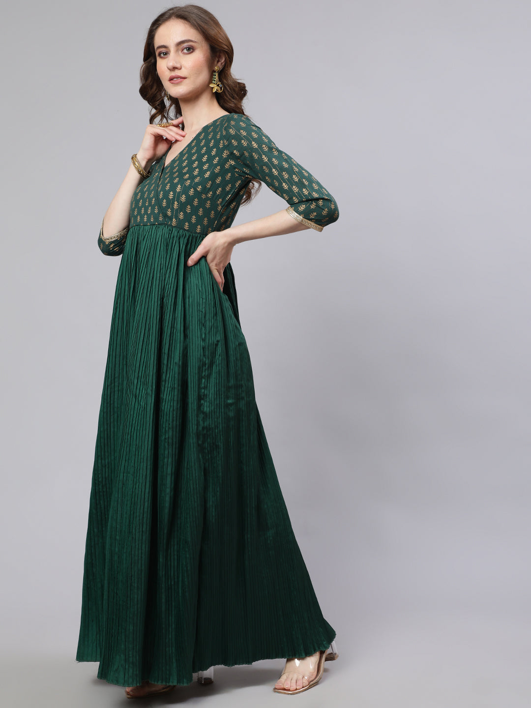 Women's Green Pleated Maxi Dress