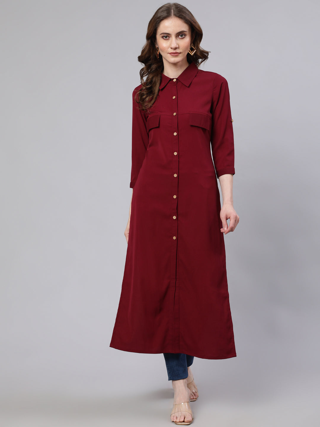 Women's Maroon Button Down Long Kurta