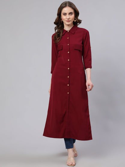 Women's Maroon Button Down Long Kurta