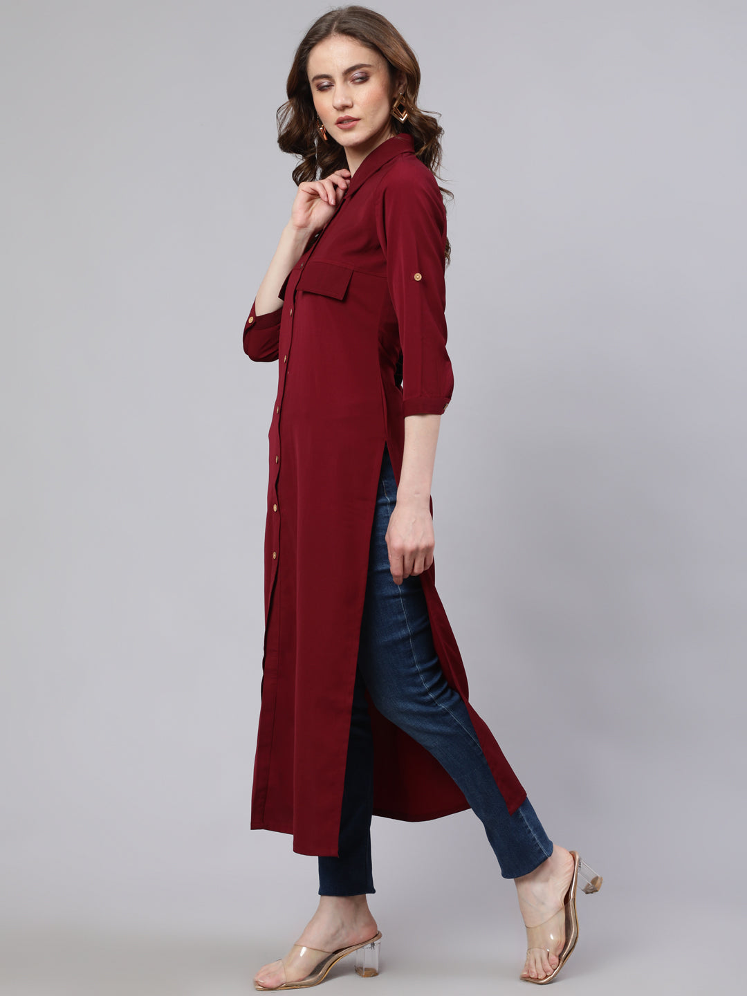 Women's Maroon Button Down Long Kurta