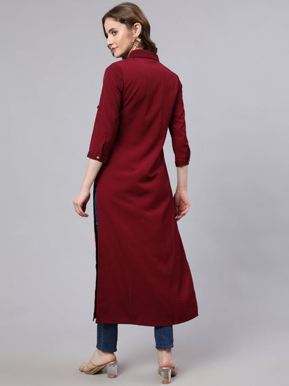 Women's Maroon Button Down Long Kurta
