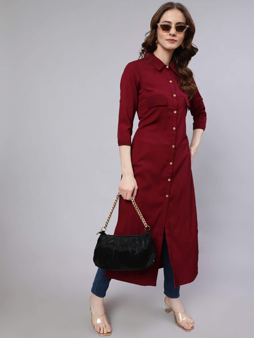 Women's Maroon Button Down Long Kurta