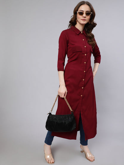 Women's Maroon Button Down Long Kurta