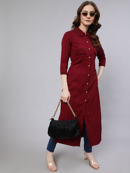 Women's Maroon Button Down Long Kurta