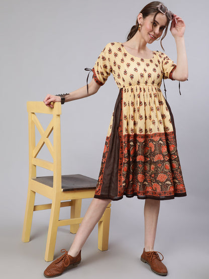 Women's Cream Floral Print Skater Dress