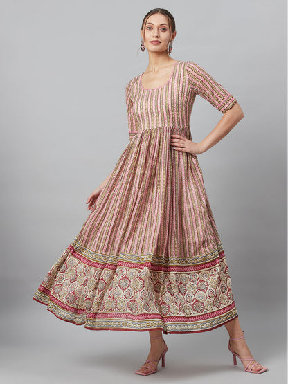 Women's Cream Printed Gathered Maxi Dress