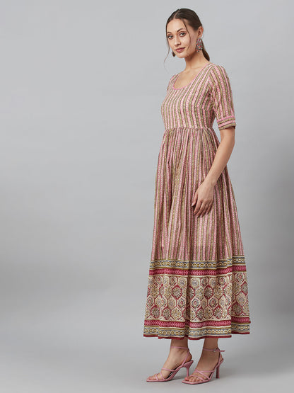 Women's Cream Printed Gathered Maxi Dress