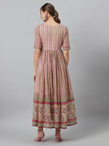 Women's Cream Printed Gathered Maxi Dress