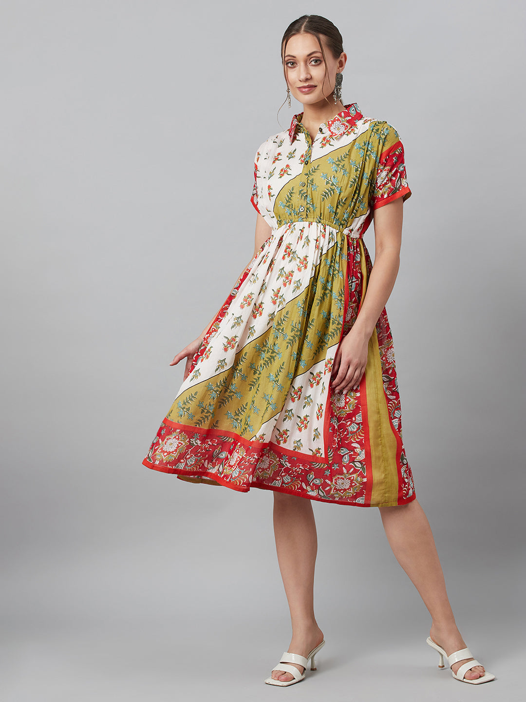Women's White Floral Print Gathered Midi Dress