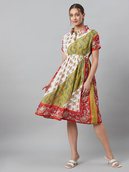 Women's White Floral Print Gathered Midi Dress