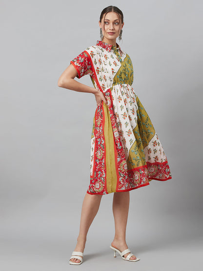 Women's White Floral Print Gathered Midi Dress