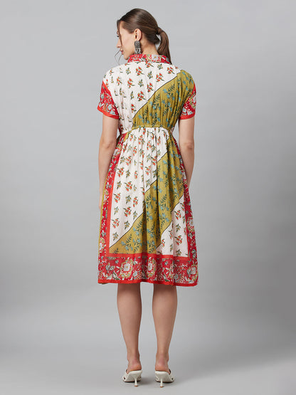 Women's White Floral Print Gathered Midi Dress