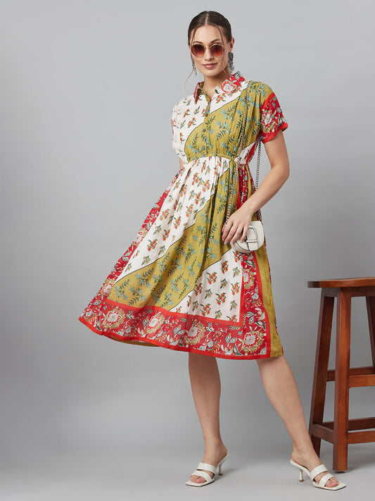 Women's White Floral Print Gathered Midi Dress