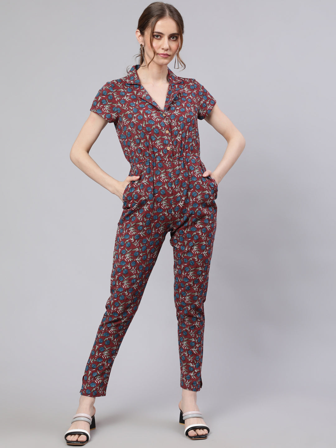 Women's Maroon Kantha Work Jumpsuit