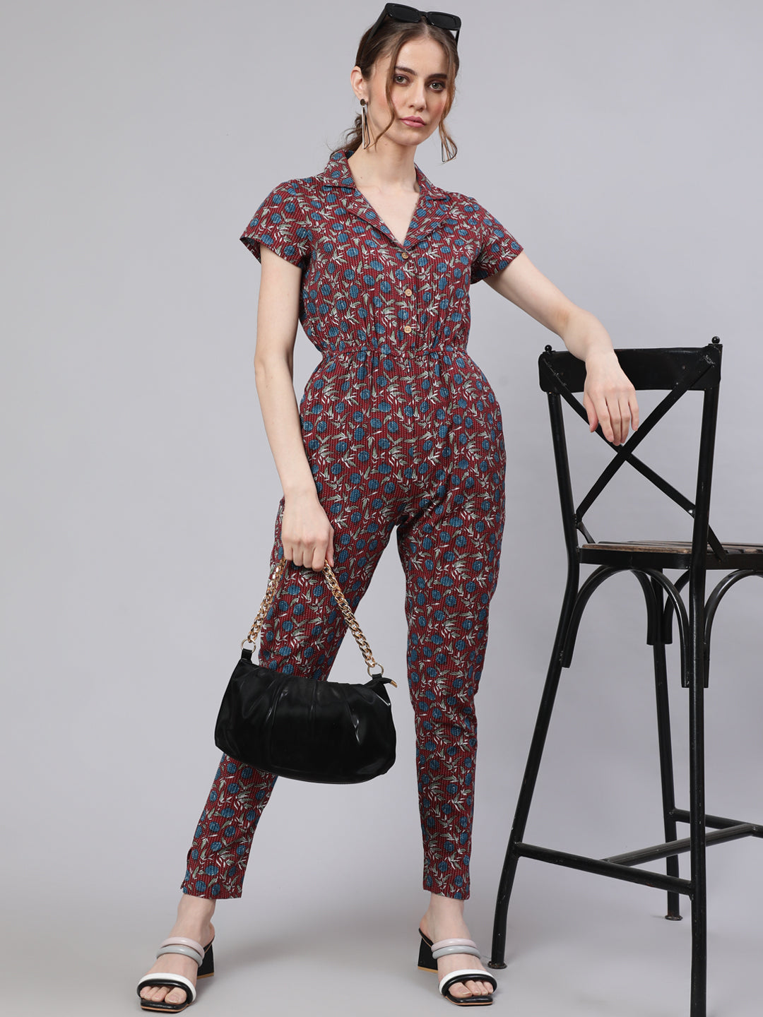 Women's Maroon Kantha Work Jumpsuit