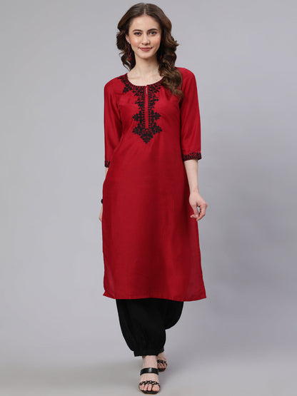 Women's Red Embroidered Straight Kurta
