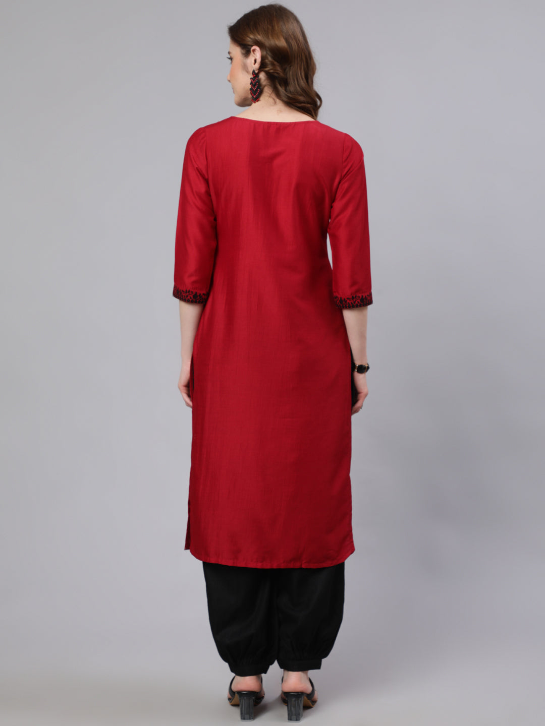 Women's Red Embroidered Straight Kurta