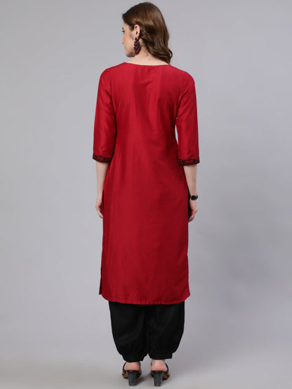 Women's Red Embroidered Straight Kurta