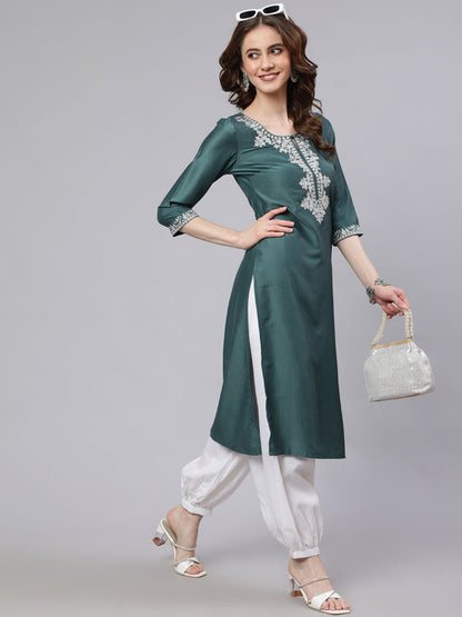 Women's Blue Embroidered Straight Kurta
