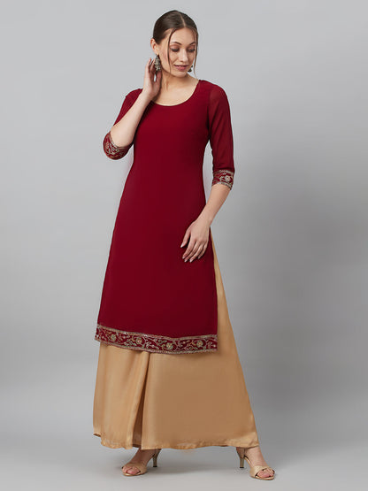 Women's Maroon Kurta With Border Details