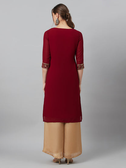 Women's Maroon Kurta With Border Details