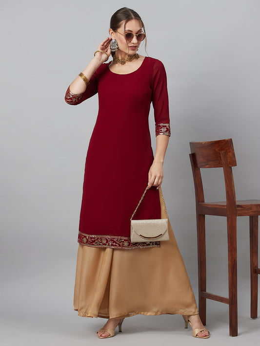 Women's Maroon Kurta With Border Details