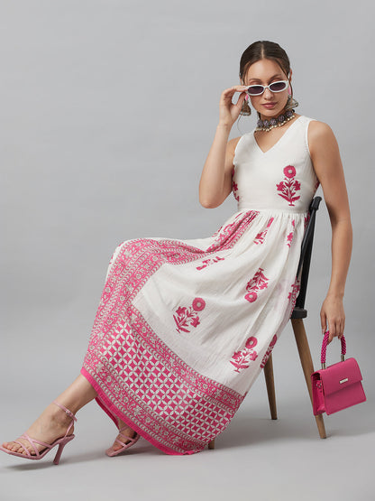 Women's White Floral Mulmul Maxi Dress