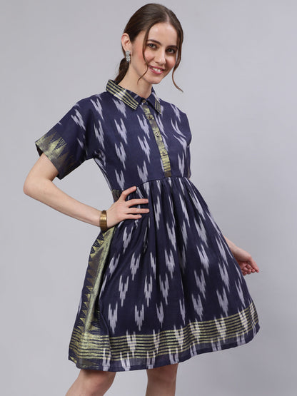 Women's Navy Blue Ikat Skater Dress
