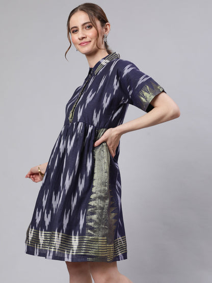 Women's Navy Blue Ikat Skater Dress