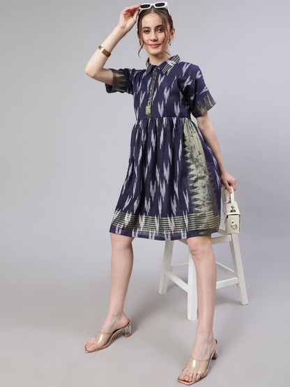 Women's Navy Blue Ikat Skater Dress