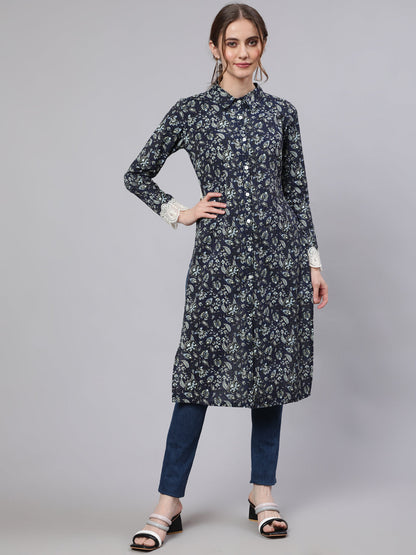 Women's Navy Blue Cropped Kurta with Collar