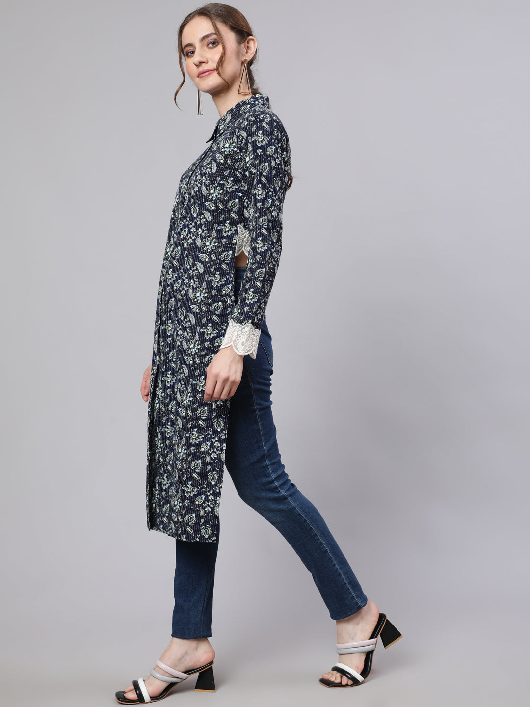 Women's Navy Blue Cropped Kurta with Collar