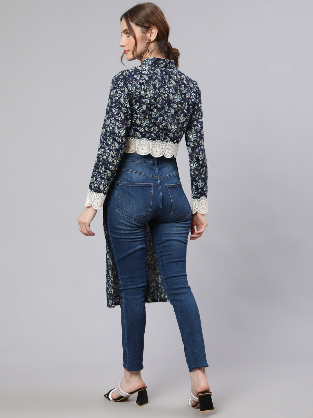 Women's Navy Blue Cropped Kurta with Collar