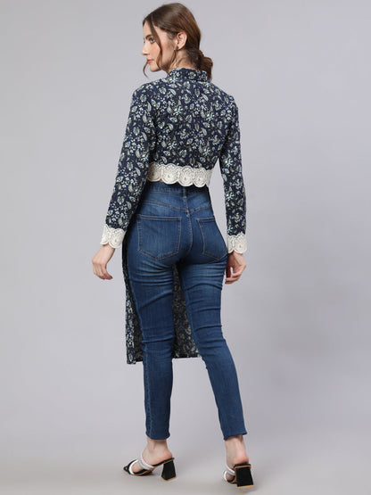 Women's Navy Blue Cropped Kurta with Collar