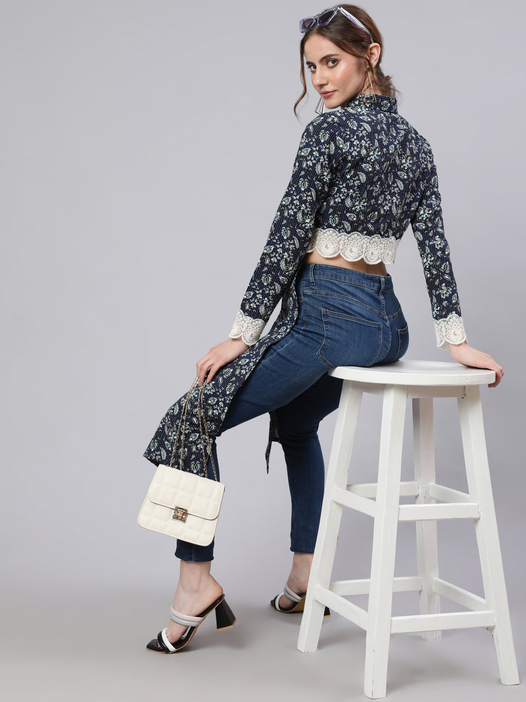 Women's Navy Blue Cropped Kurta with Collar