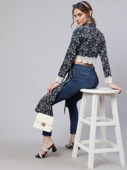 Women's Navy Blue Cropped Kurta with Collar