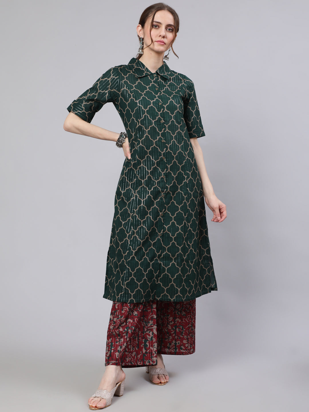 Women's Green Printed Lurex Design A-line Kurta