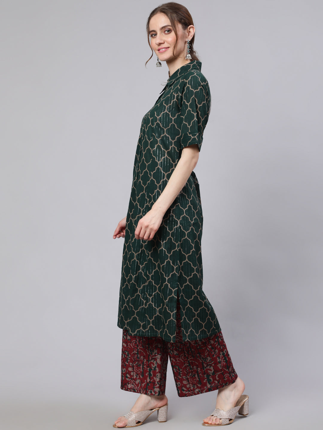 Women's Green Printed Lurex Design A-line Kurta