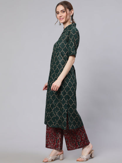 Women's Green Printed Lurex Design A-line Kurta