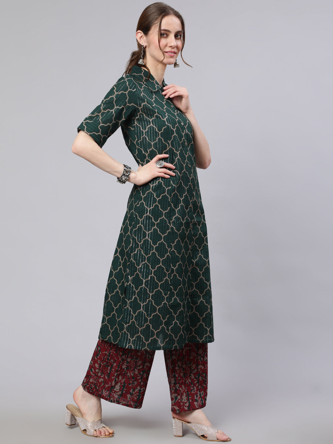 Women's Green Printed Lurex Design A-line Kurta
