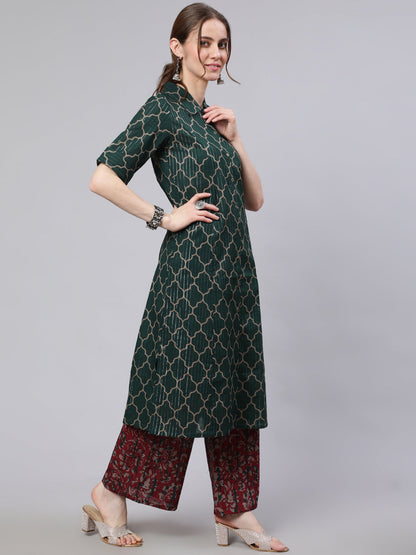 Women's Green Printed Lurex Design A-line Kurta