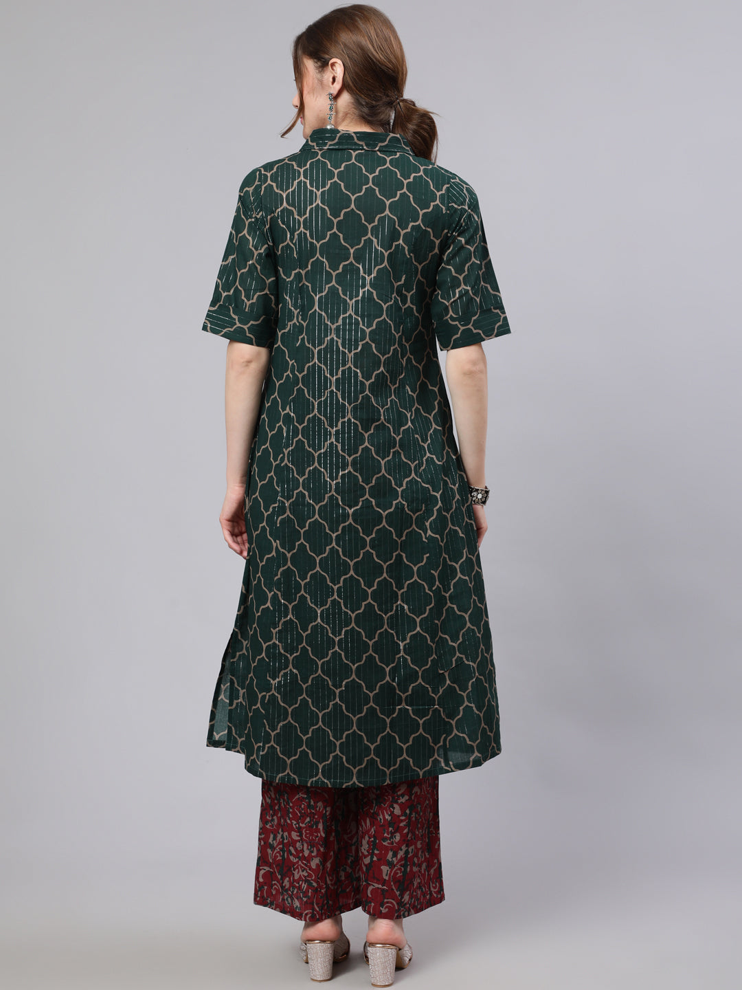 Women's Green Printed Lurex Design A-line Kurta