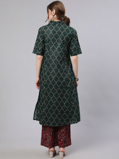 Women's Green Printed Lurex Design A-line Kurta